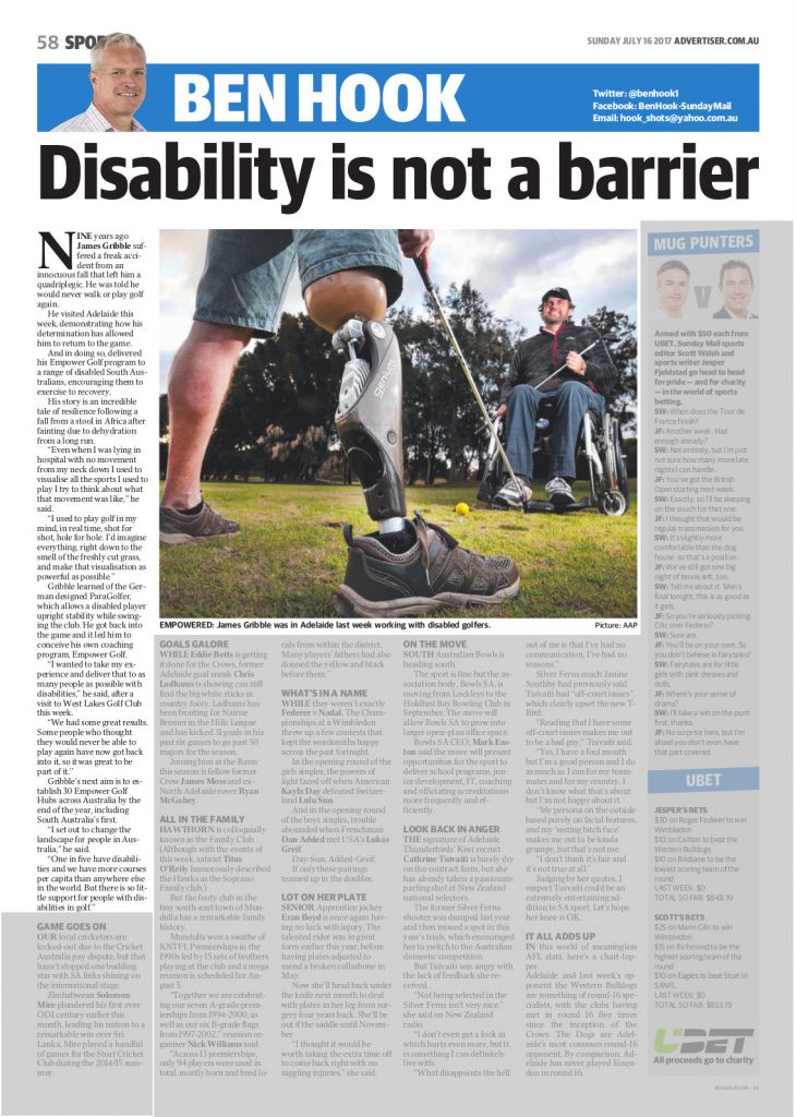 The Advertiser - July 2017, Empower Golf article, screenshot of The Advertiser article