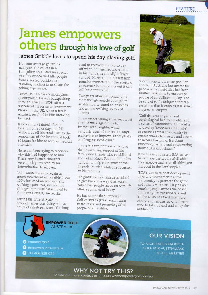 ParaQuad News - June 2014, Empower Golf article, screenshot of ParaQuad news article