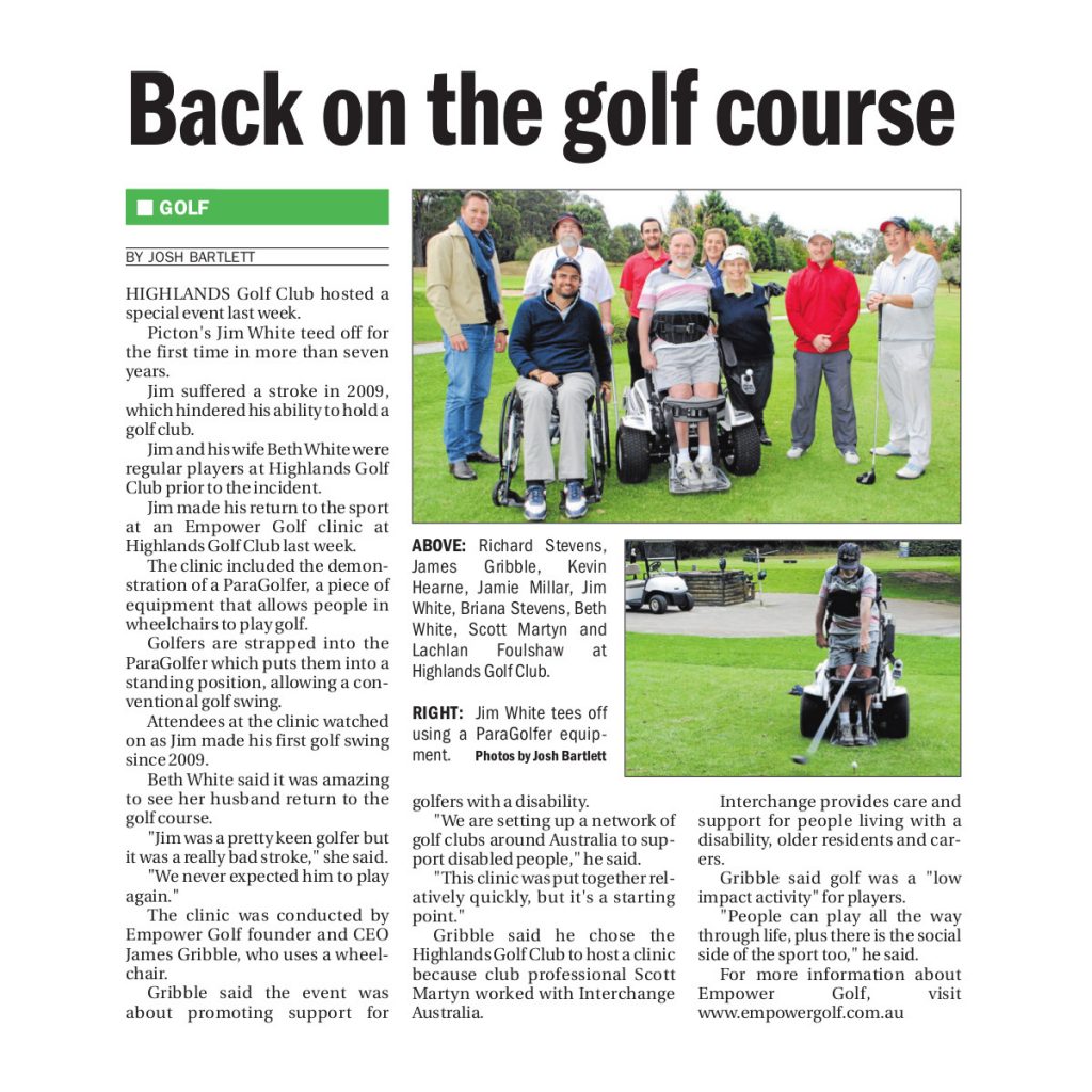 Southern Highland News- May 2016, Empower Golf article, screenshot of the Southern Highland News article - Back on the Golf Course