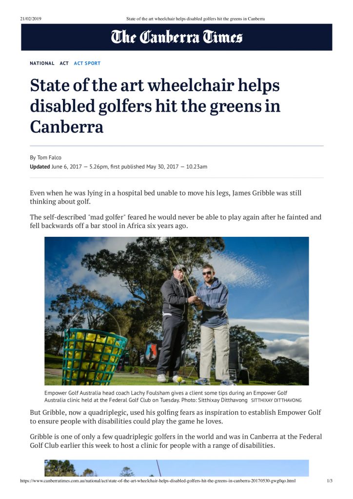 The Canberra Times - May 2017, Empower Golf article, screenshot of The Canberra Times article front page