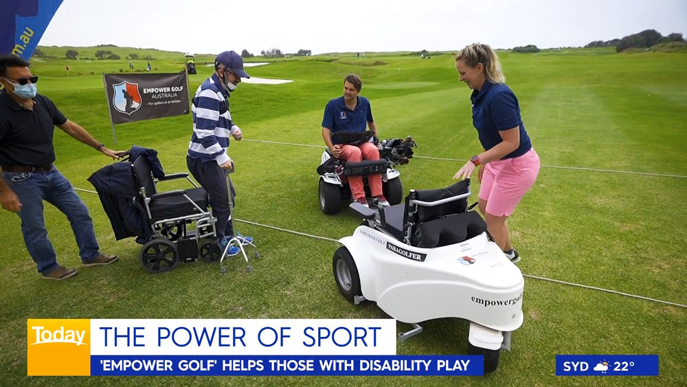 Empower Golf on The Today Show, November 2021, screenshot from video of James and Alicia playing golf with clinic attendees